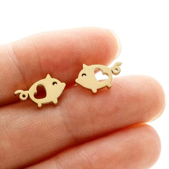 Little Pigs and Hearts Stainless Steel Stud Earrings #1211 - Picture 5 of 10